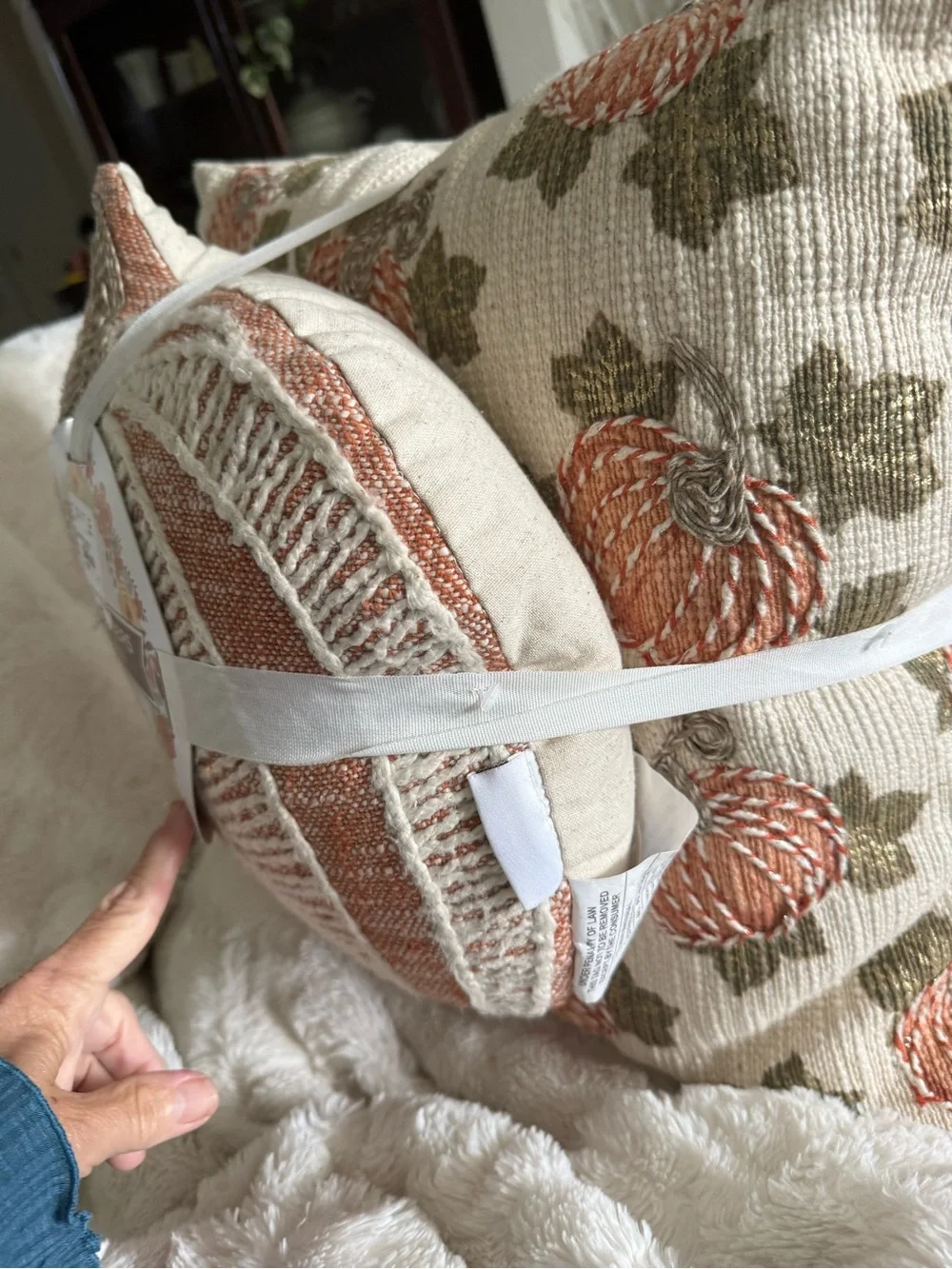 Gardeners Eden Decorative Throw Pillow Set - pumpkin and autumn colors/stitching